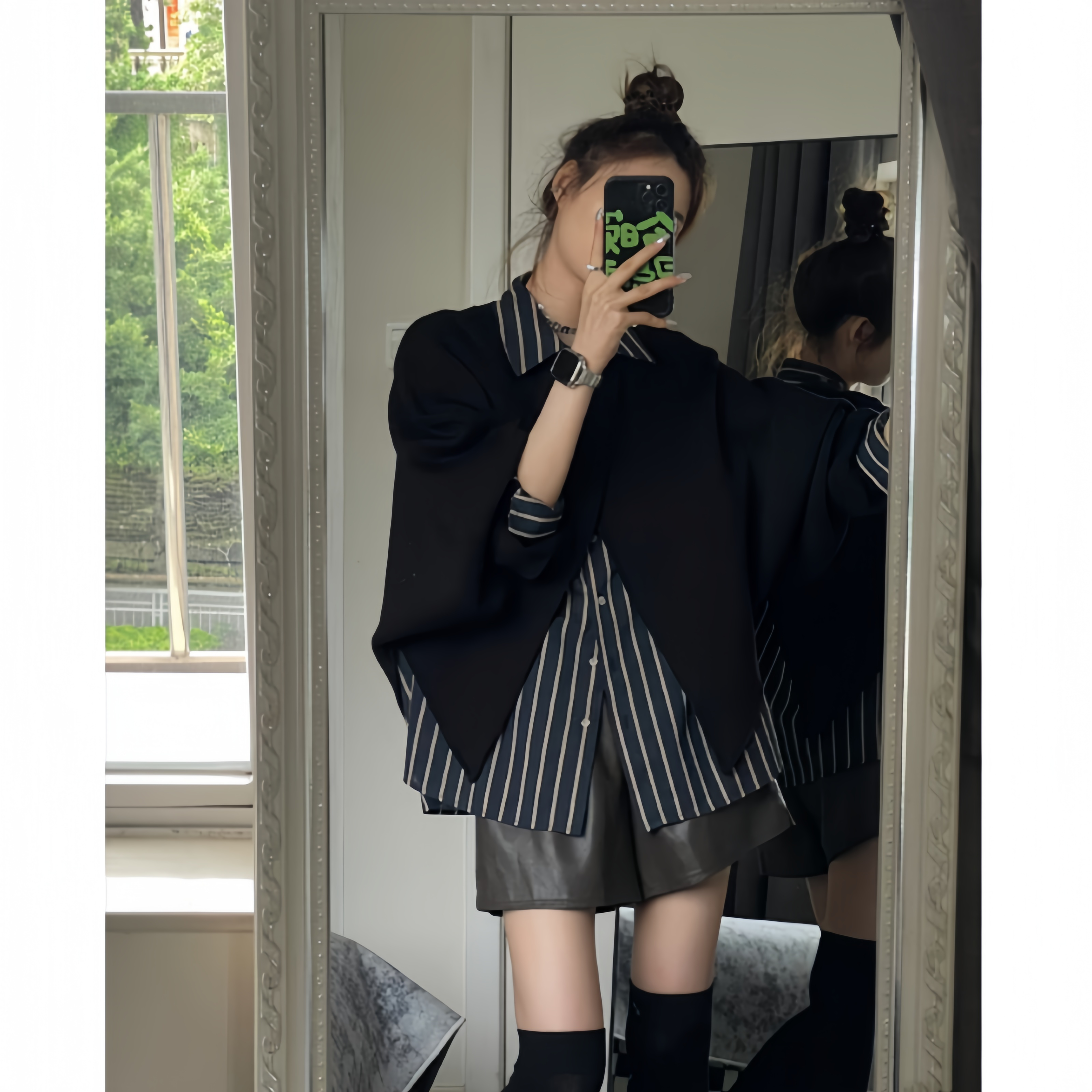 黑白条纹衬衣+黑外搭春秋新款慵懒风叠穿时尚休闲显瘦两件套女