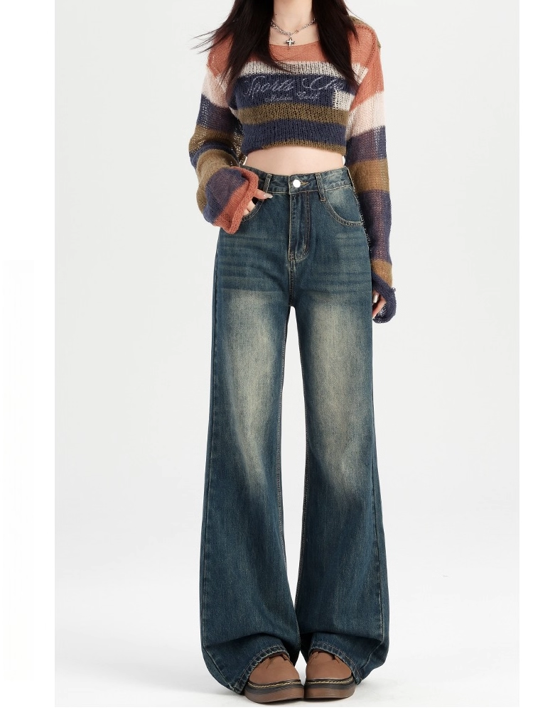 2025秋季大码阔腿牛仔裤女复古高腰新款宽松显瘦不贴腿喇叭拖地裤