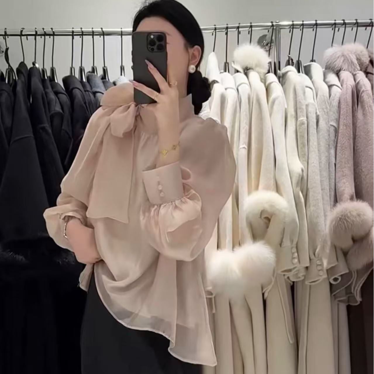 设计款蝴蝶结雪纺衬衫女早春2025新款高级感上衣泡泡袖衬衫