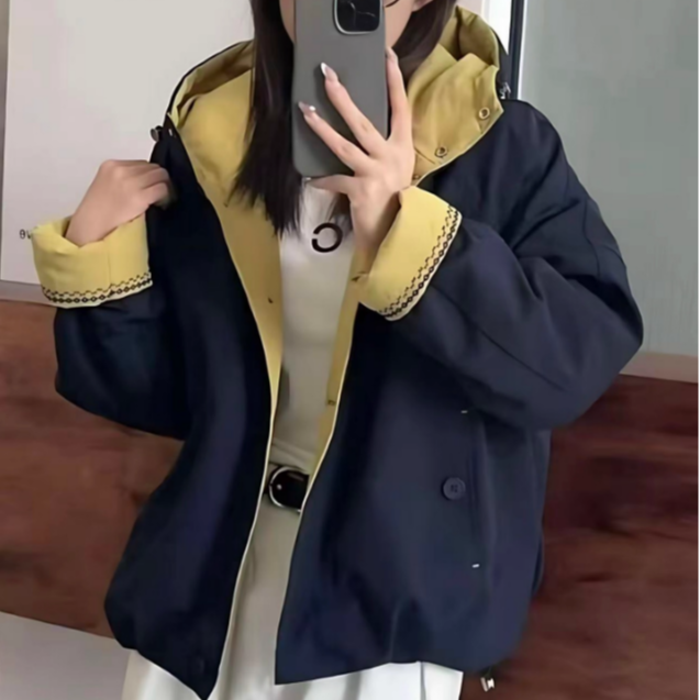 大码微胖MM韩版秋冬减龄显瘦拼色连帽夹棉外套女宽松百搭夹克上衣