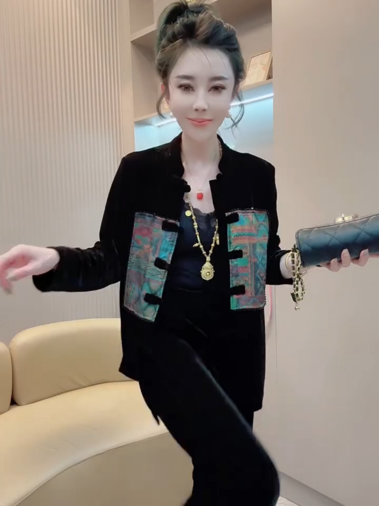 复古国风金丝绒套装神器女2025年早秋款新中式上衣长裤两件套显瘦