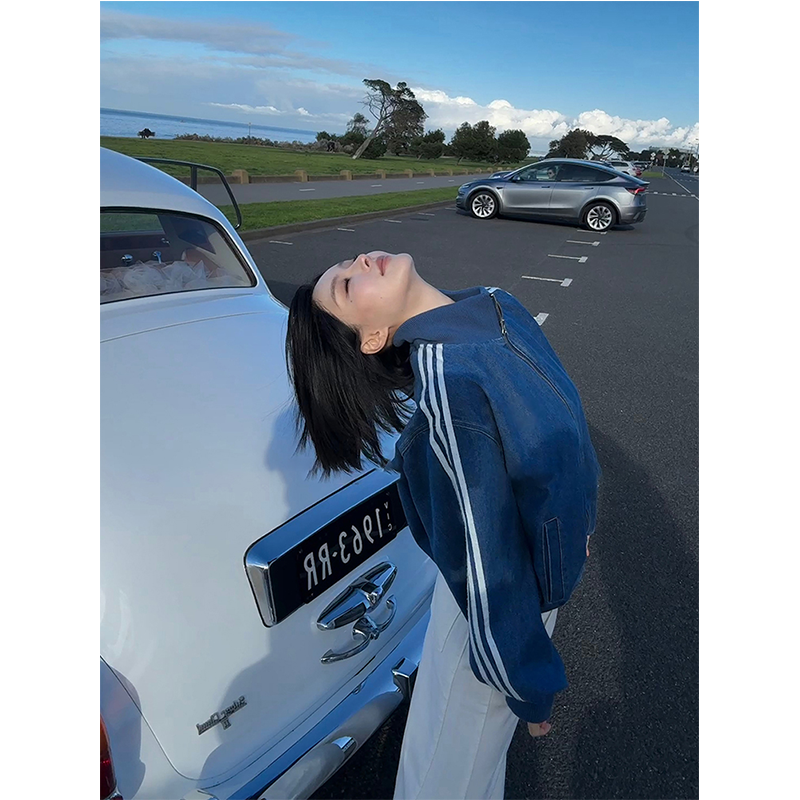 温网老钱系 三条杠牛仔棒球外套女2025早秋追风穿搭休闲开衫夹克