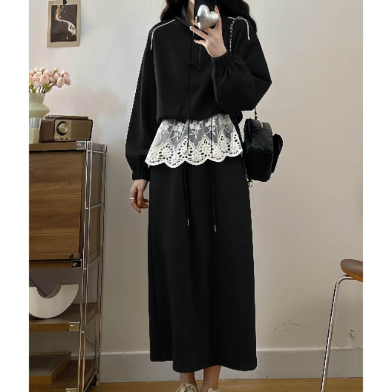 大码秋季新款胖MM设计感蕾丝拼接灰色卫衣休闲风半身裙时尚两件套