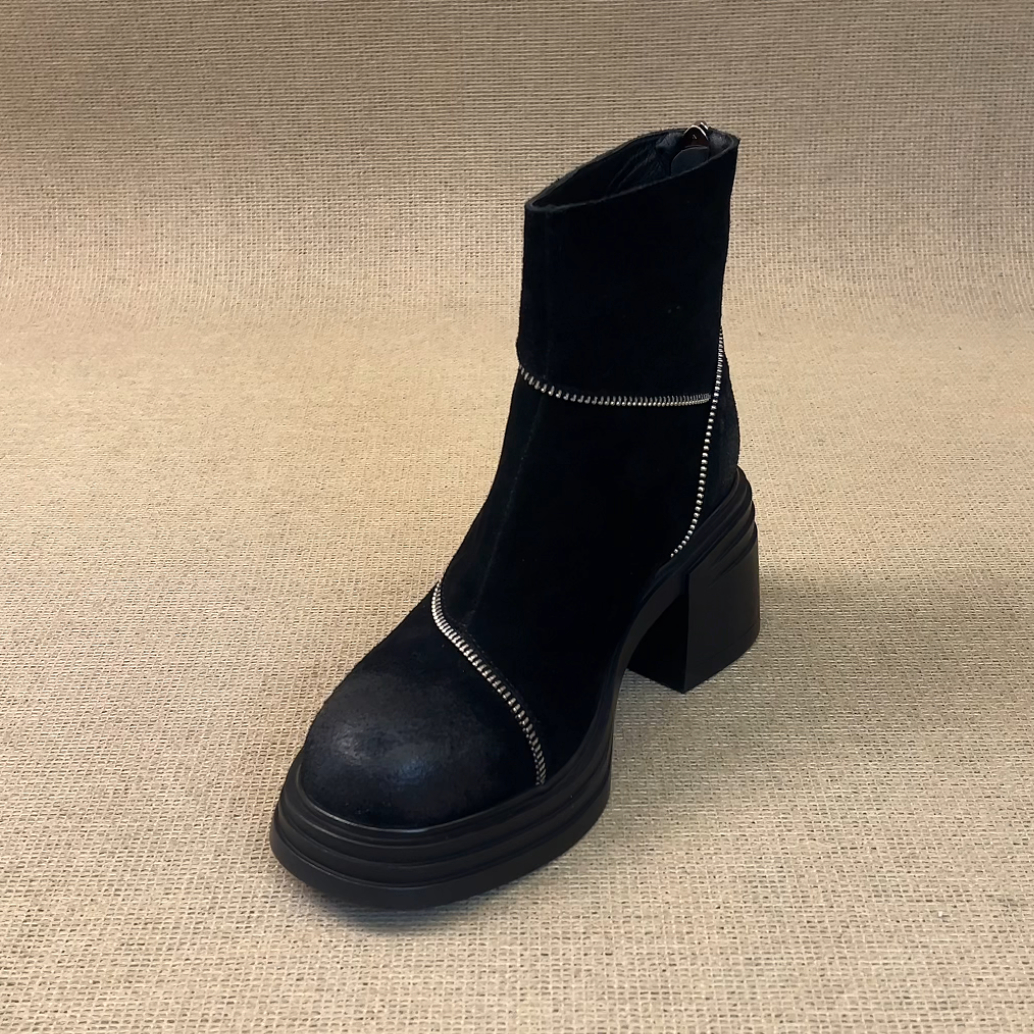 RubyL/6.5cm小众设计感拉链款通勤磨砂舒适百搭圆头粗跟时装靴