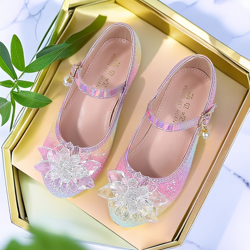 2025时尚水晶鞋儿童粉色高跟公主鞋小女孩跟鞋中大童走秀春秋软底