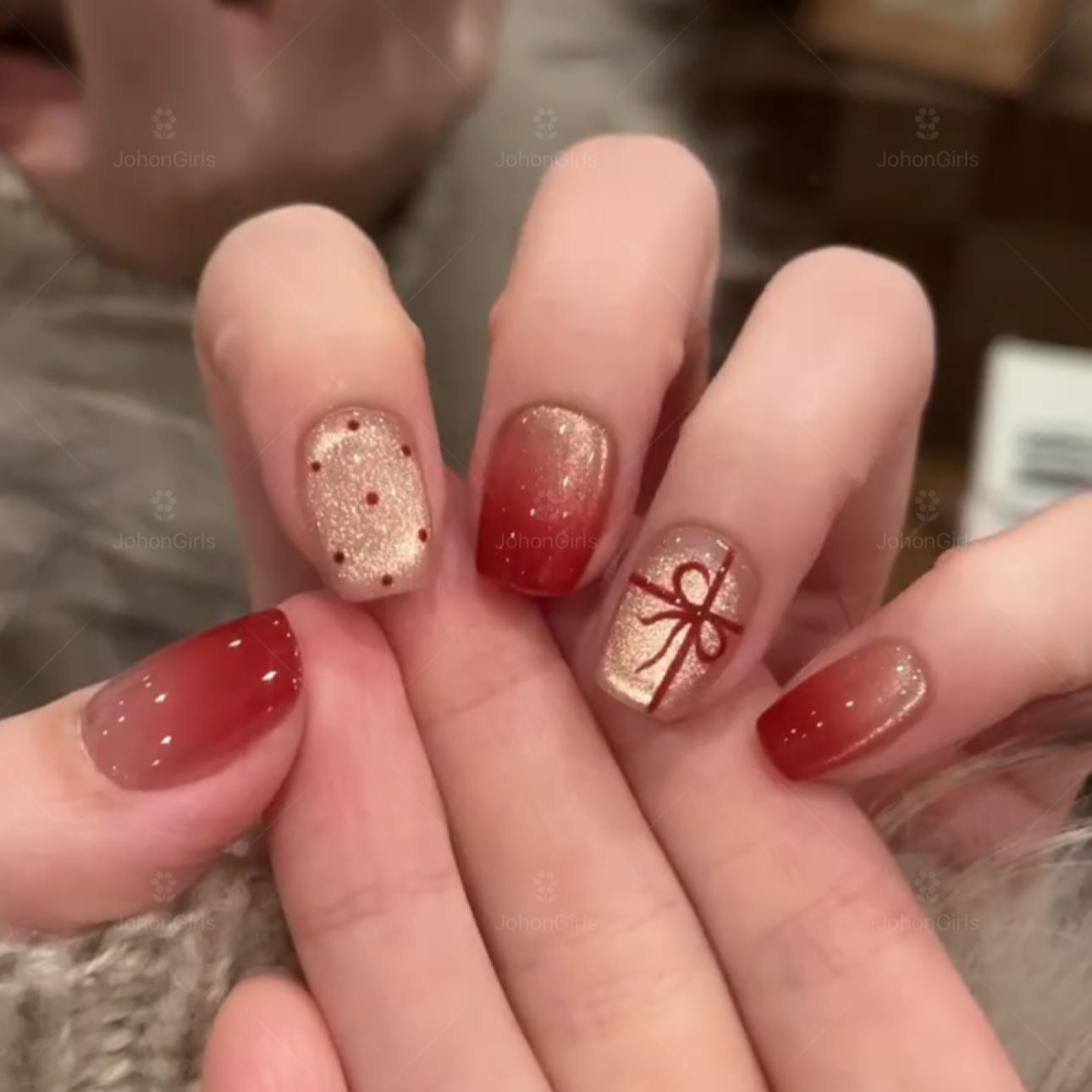 JohonGirls'/琴岛小嫚【偶遇街角】法式蝴蝶结纯手工穿戴甲猫眼美甲