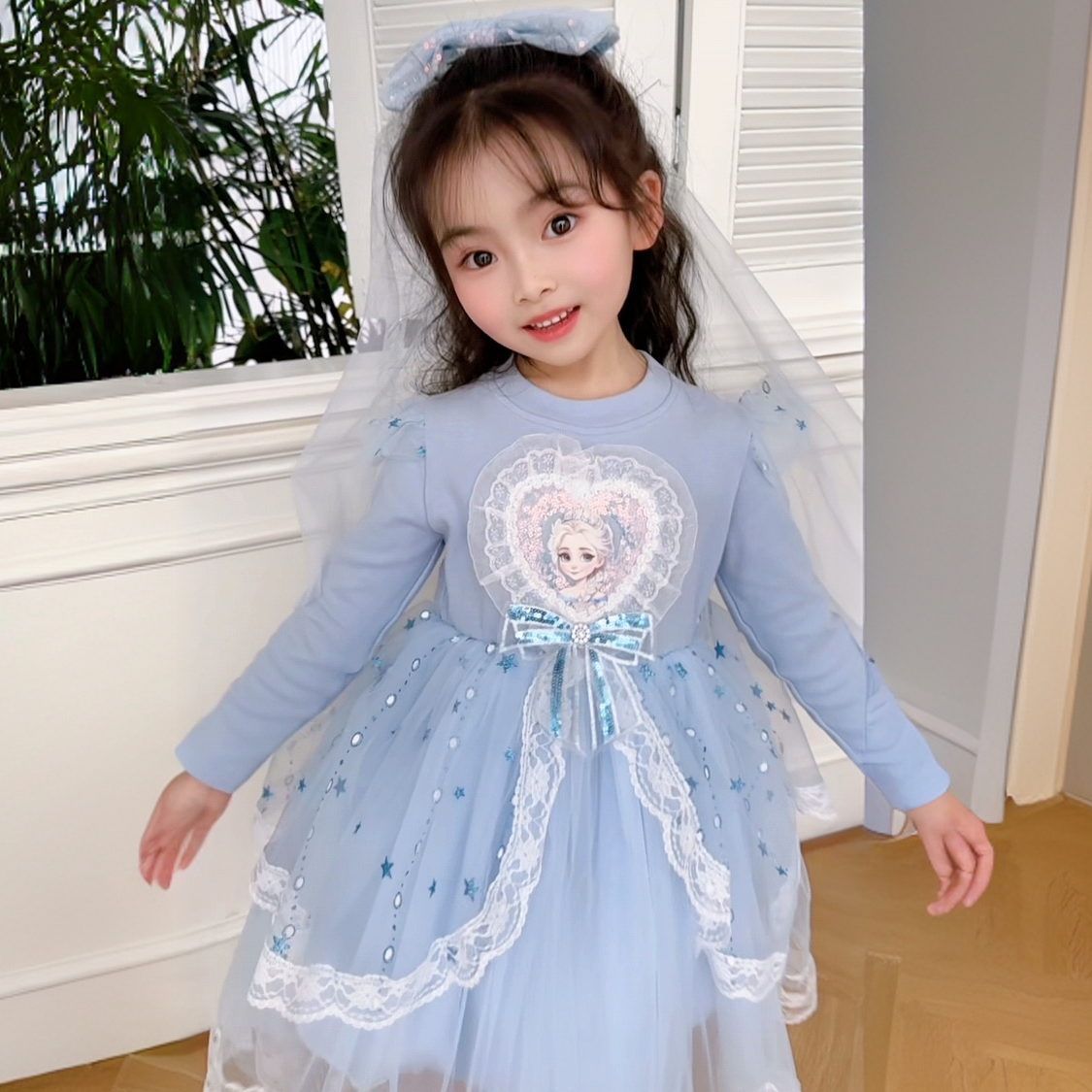 花网艾莎连衣裙女童春季长袖针织洛丽塔秋冬裙子女孩子公主裙春秋