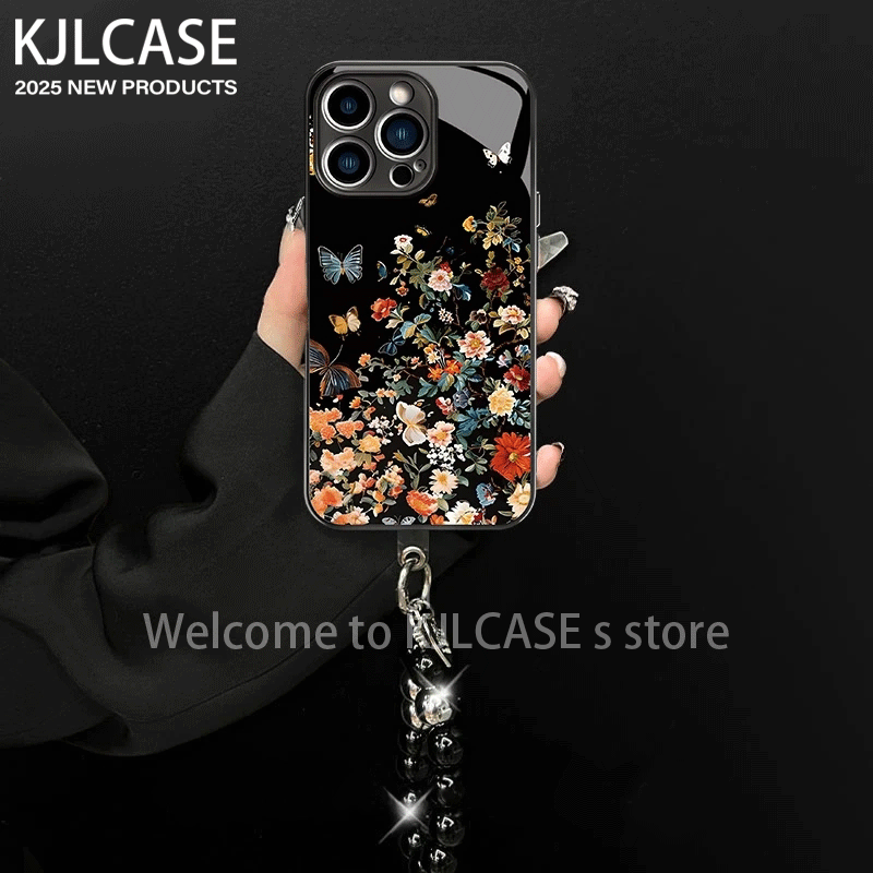 繁花蝴蝶适用苹果华为OPPOVIVO小米手机壳电镀玻璃壳防摔女款