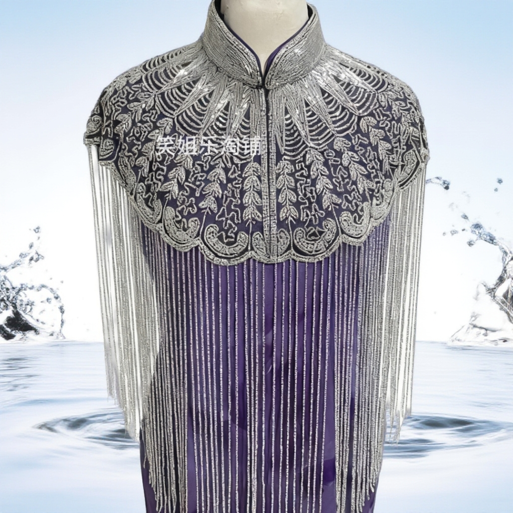 显瘦欧美风民族风中国风披肩气质银色法式长流苏钉珠云肩旗袍礼服