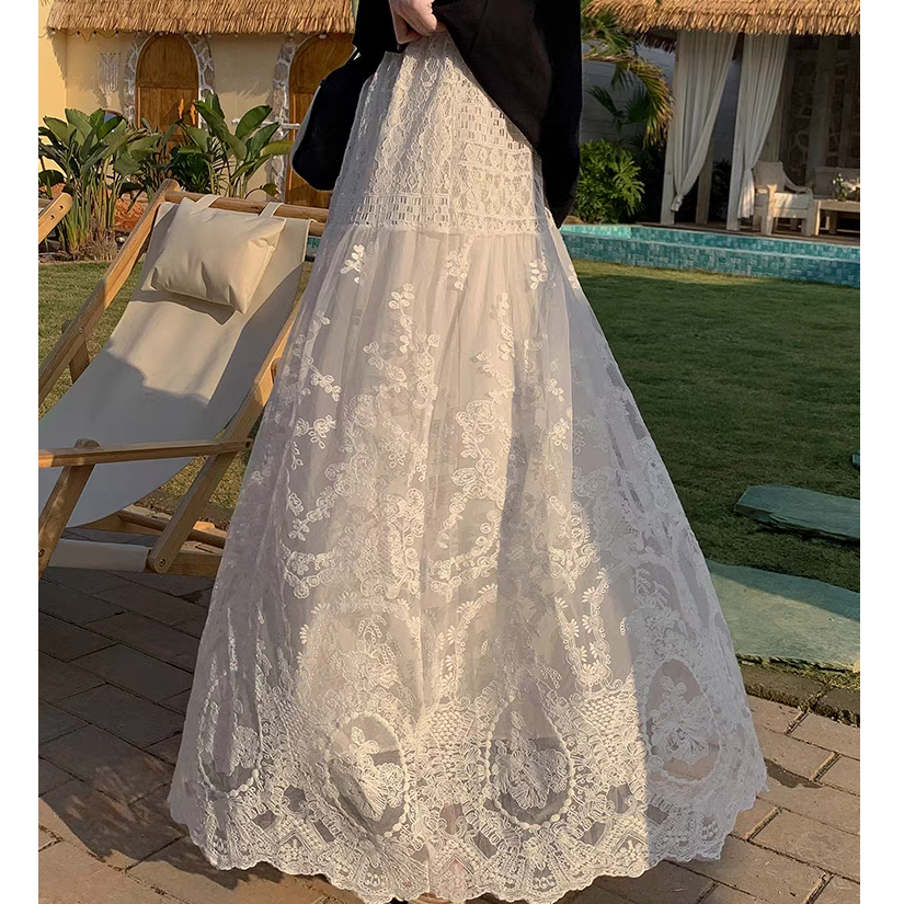 韩系蕾丝网纱半身裙女春秋新款高腰显瘦垂感大摆a字半裙长款裙子