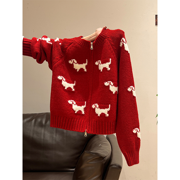 喜庆红色新年氛围感双拉链毛衣女冬季针织衫外套上衣大码胖MMX020