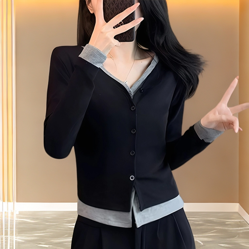 复古显瘦针织衫早秋2025新款网红洋气炸街女装撞色假两件开衫外套