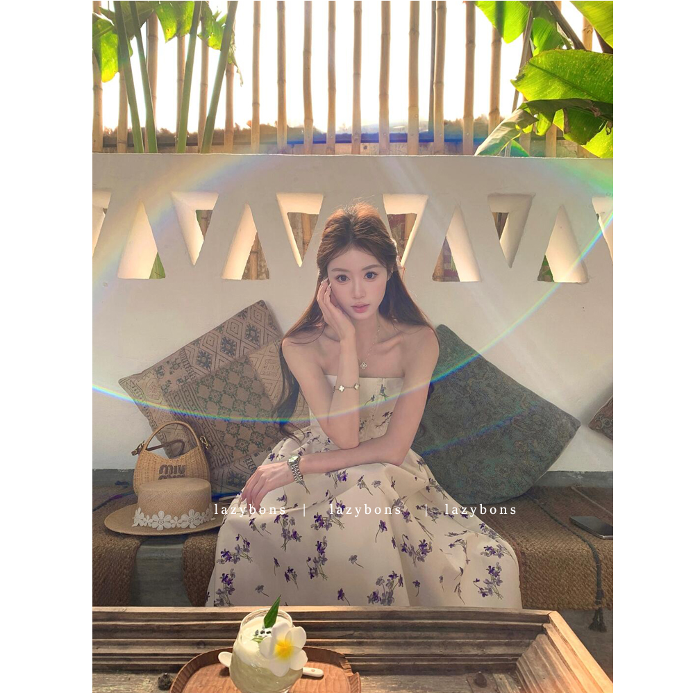 夏天抹胸女名媛韩系高级礼服蕾丝拼接鱼骨裙子收腰碎花宴会连衣裙