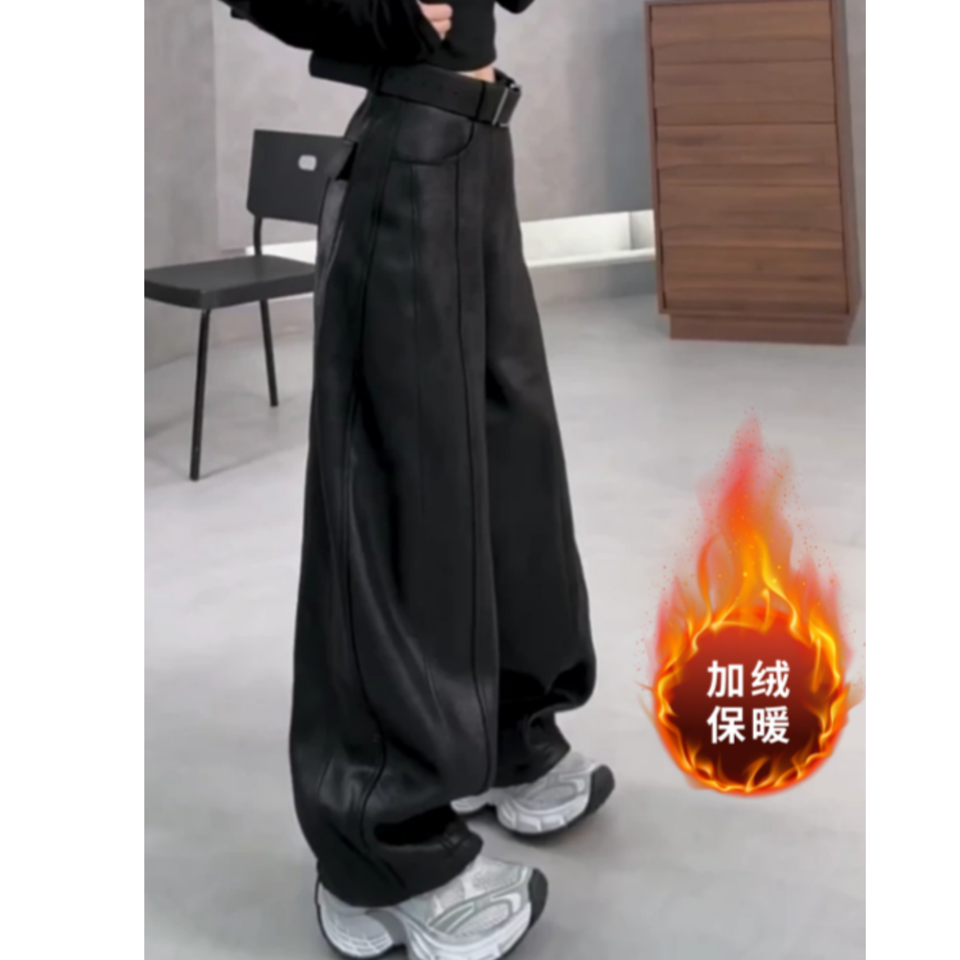 欧货时髦加绒设计兜盖皮裤女2025秋冬新款大码胖mm宽松显瘦阔腿裤