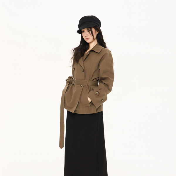 LPS｜郭卷毛同款天丝棉棕色风衣复古百搭束腰短外套F38486JM54