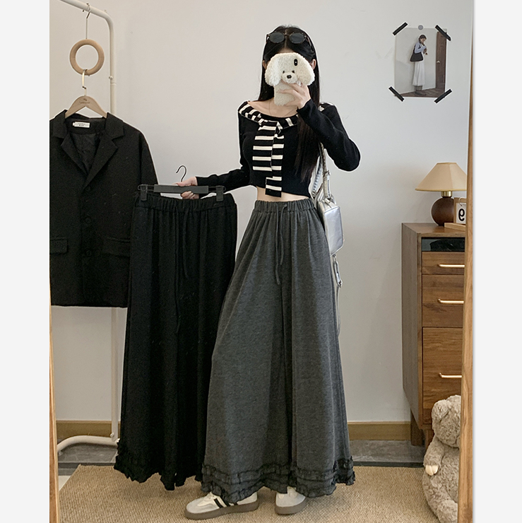 大码胖mm时尚设计感木耳边松紧腰阔腿九分裤