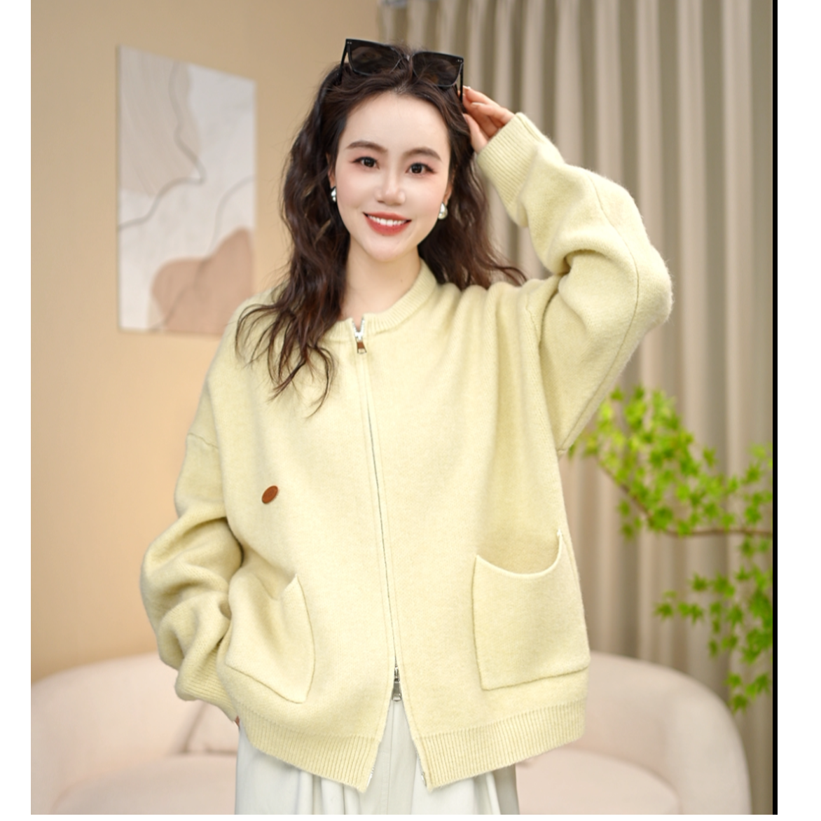 3985半高领慵懒针织开衫女秋冬加厚双拉链宽松时尚简约外套上衣