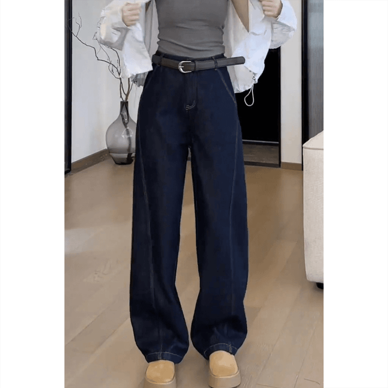 深蓝色弯刀阔腿牛仔裤女2025早秋新款高腰显瘦设计感百搭拖地裤