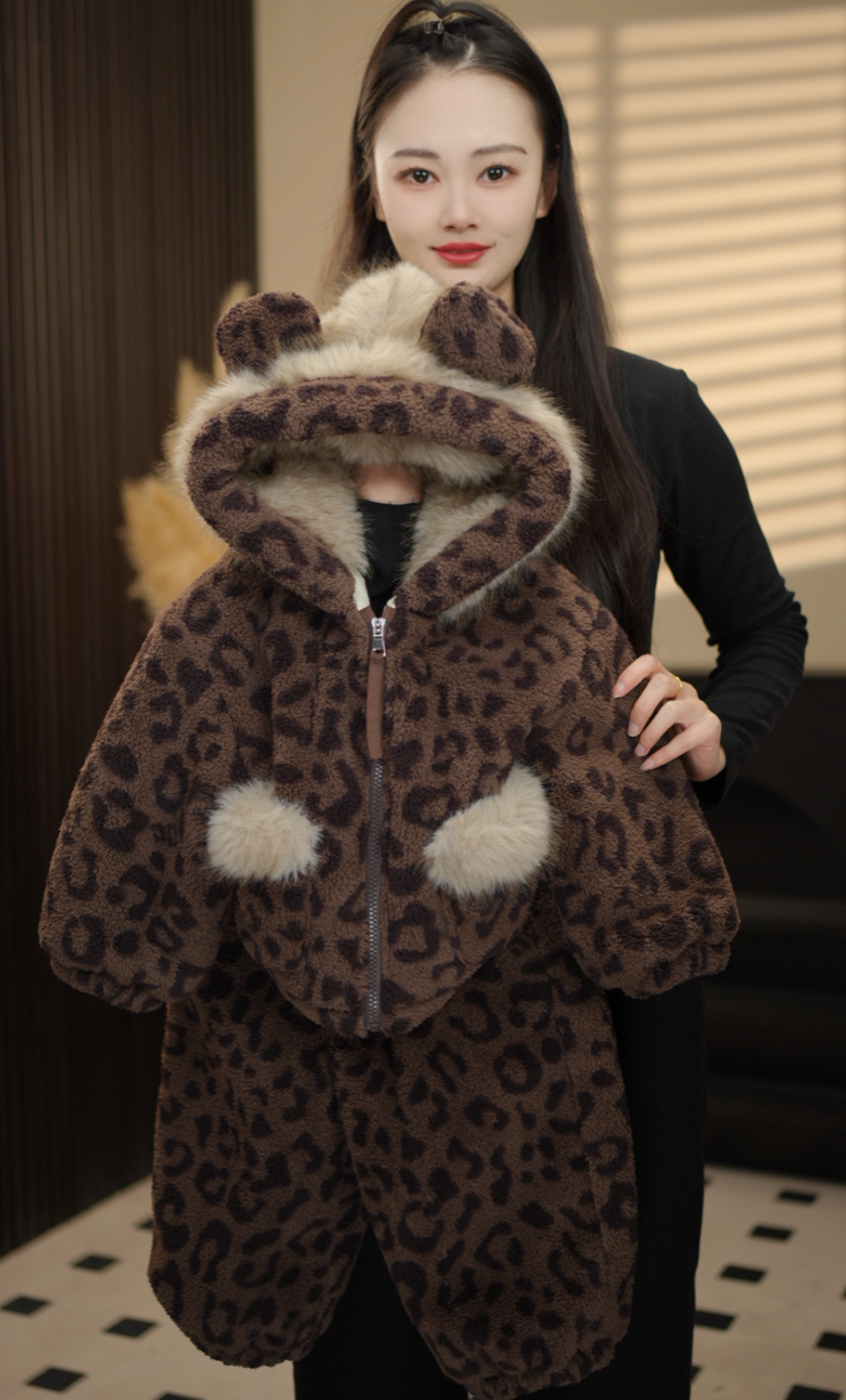 毛茸茸男女童加厚冬季新款条纹连帽加绒卫衣慵懒宽松宝宝亲子套装