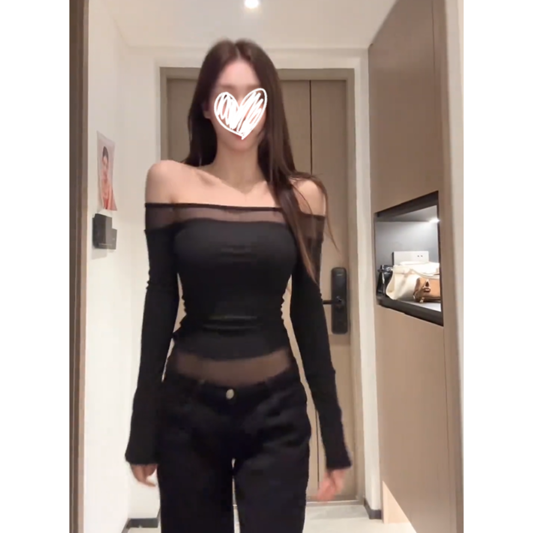 2025秋冬新款美式复古一字肩露肩长袖T恤修身显瘦纯欲辣妹女上衣