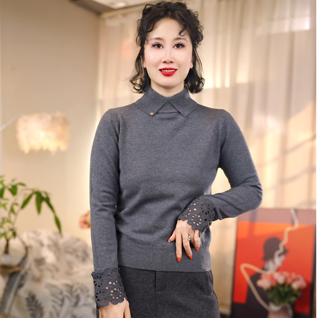 冬季打底衫女装潮牌设计师百搭常规针织翻领毛衣蕾丝针织0830