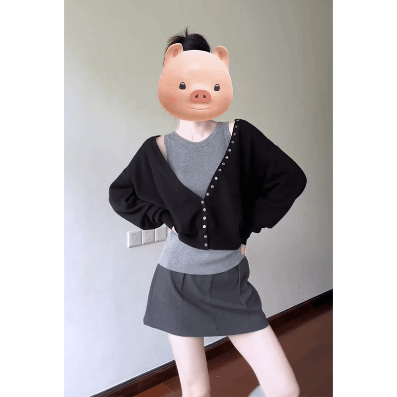 早秋新款女韩系气质穿搭宽松V领长袖毛衣上衣圆领背心高腰半身裙