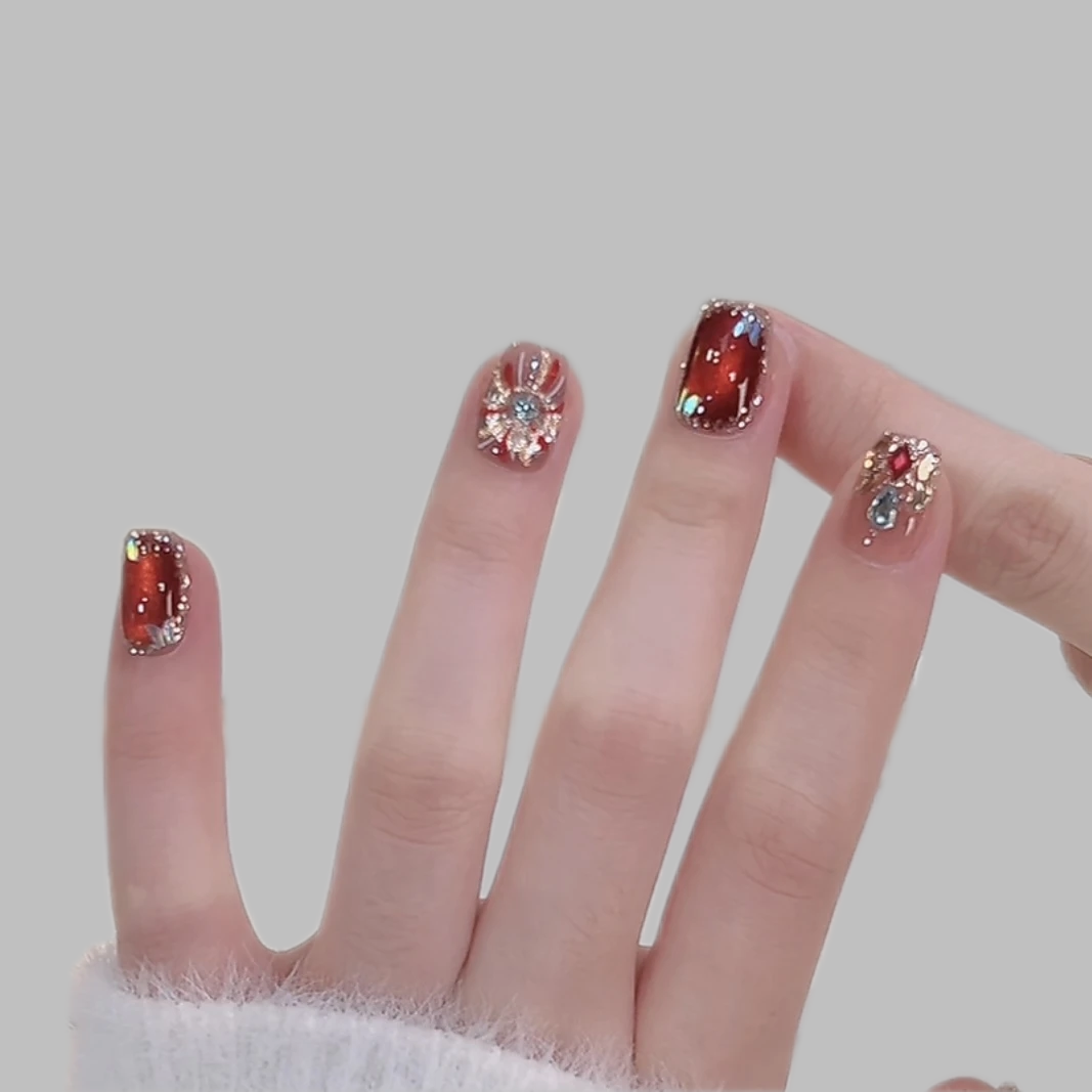 【告白烟火】手工穿戴甲气质红色猫眼手绘烟花穿戴式中长款时尚美甲