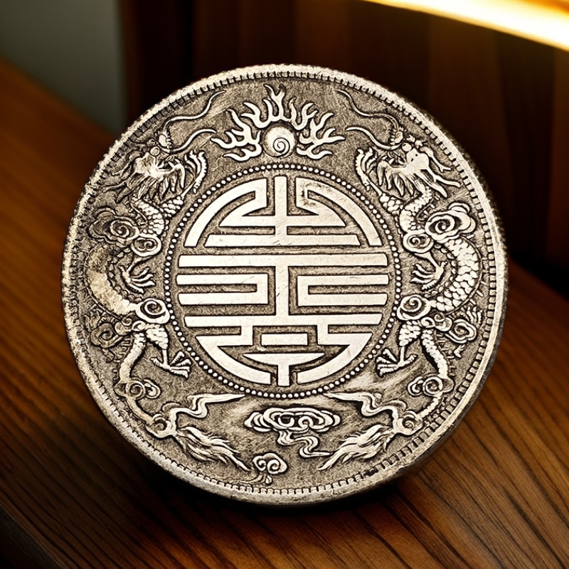 39mm老包浆复古银元工艺品广东省造寿字双龙库平七钱二分可吹响
