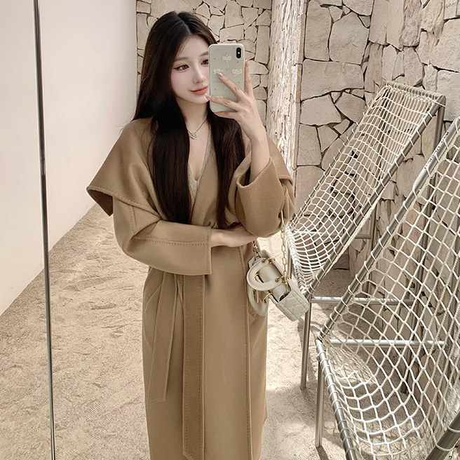 驼色双面呢子大衣女2025冬季新款韩系高级感大翻领小个子毛呢外套