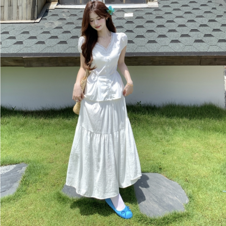 大码胖mm法式V领蕾丝小衫+松紧腰半身裙套装2025年夏季气质两件套