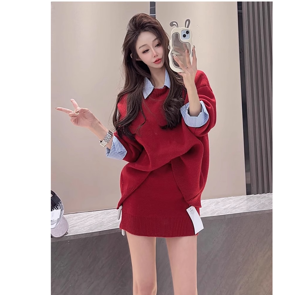 韩系可拆衬衫领针织两件套时尚高级显瘦假两件毛衣女高腰短裙套装