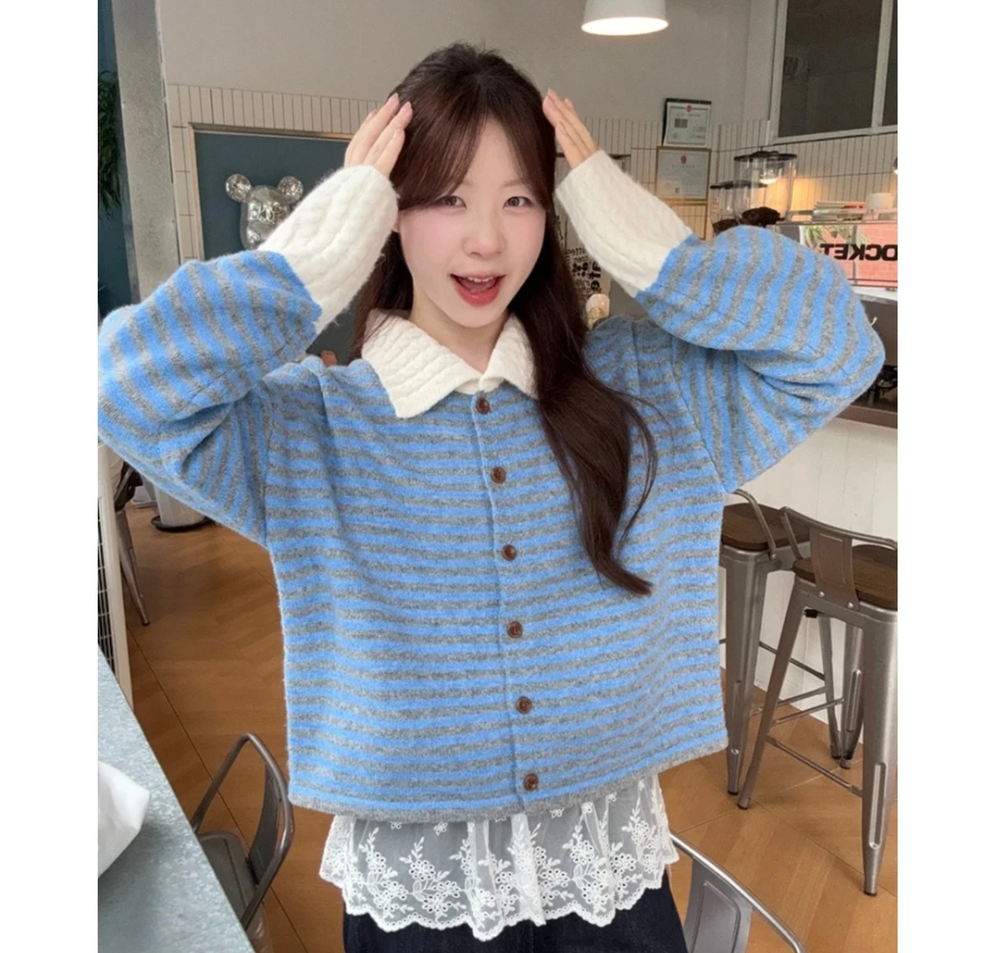 小香风条纹polo领长袖毛衣针织衫女早秋季慵懒松弛感穿搭外套上衣
