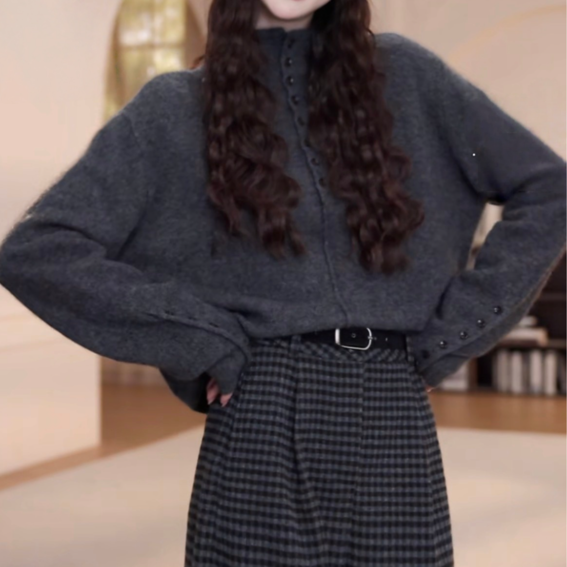 【多扣立领】巨洋气 宽松百搭秋冬纯色半高领纽扣毛衣打底针织衫