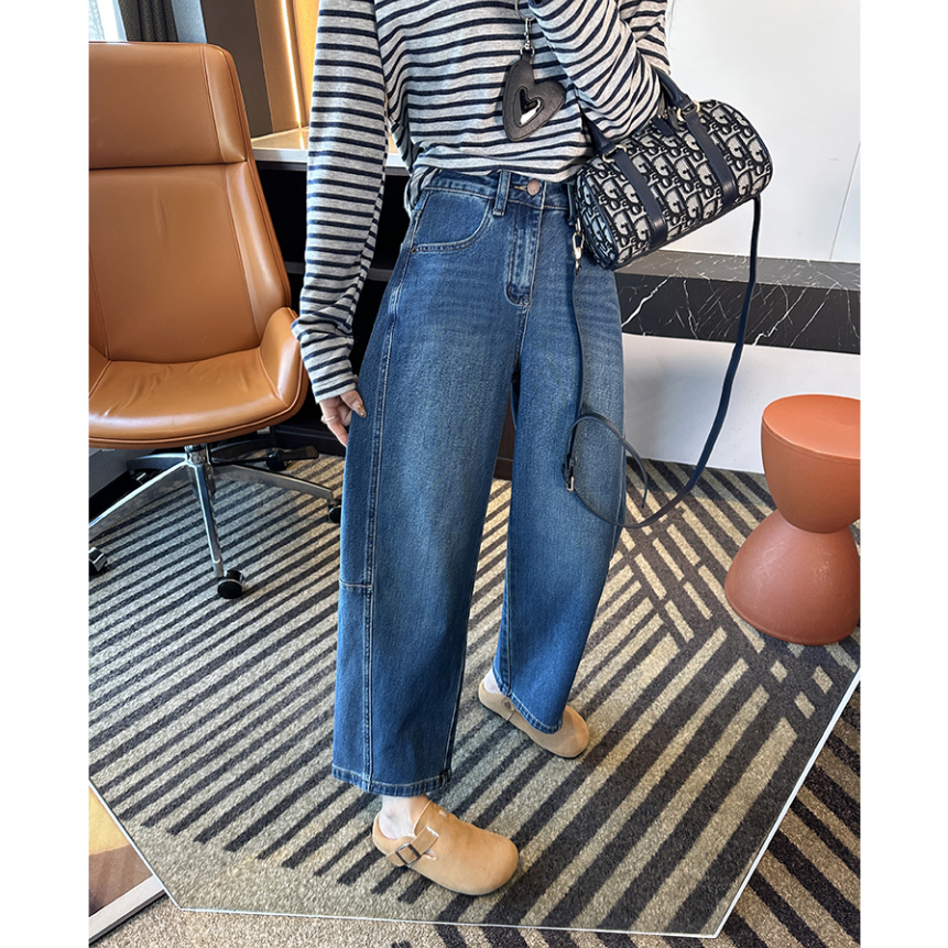 小个子阔腿九分牛仔裤女2025秋季新款梨形身材显瘦高腰宽松弯刀裤