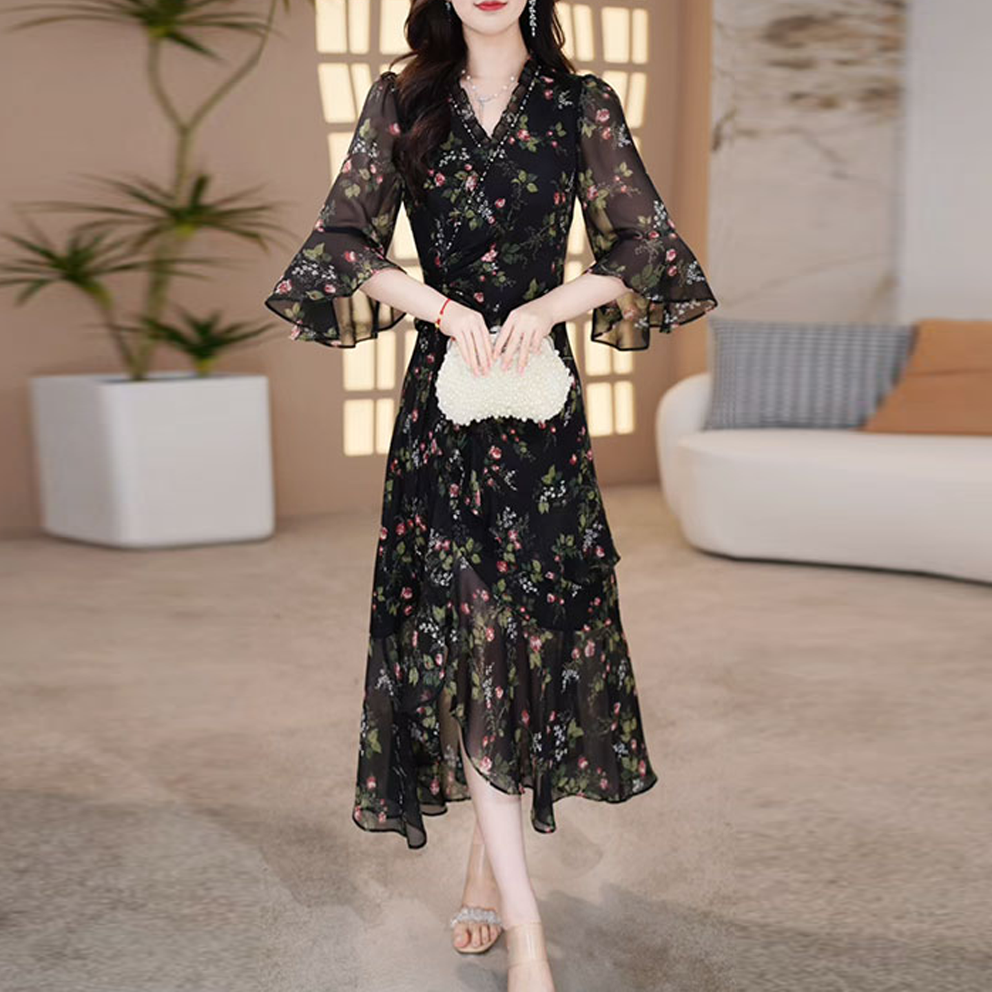 【千羽】碎花纱料连衣裙2025新款十三行气质高端洋气品牌妈妈裙子夏