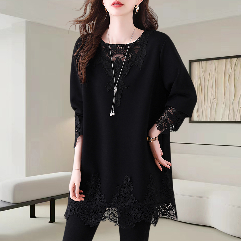 【亚聚甄选】中长款打底卫衣女新款刺绣蕾丝拼接宽松大码显瘦气质