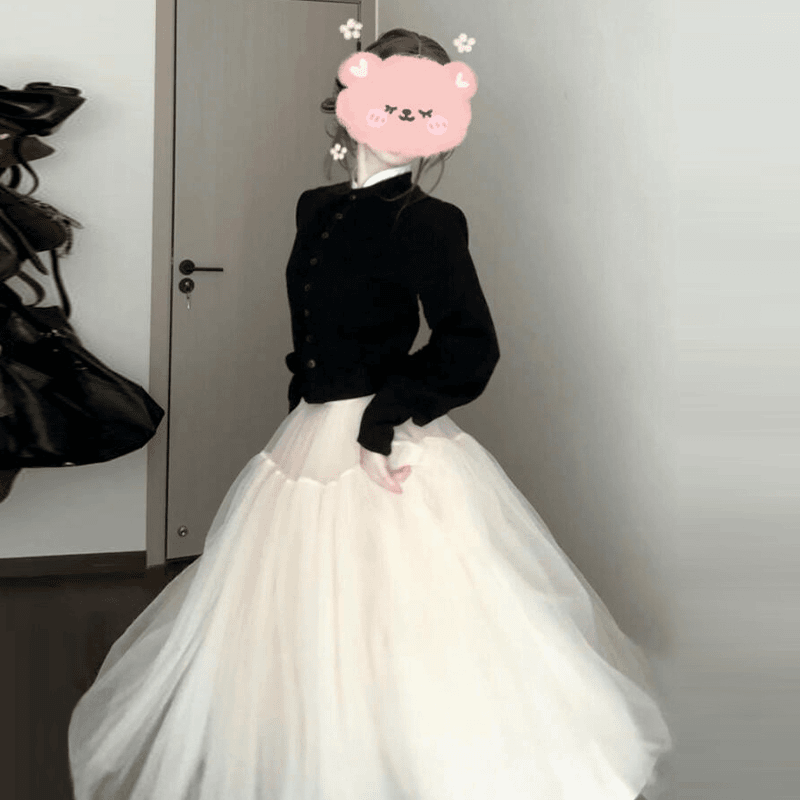 2025秋冬新款轻熟风气质时尚修身长袖针织开衫高腰显瘦蓬蓬纱裙女