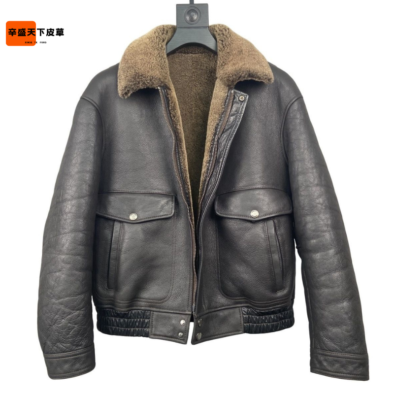 辛盛短款无印真皮成衣水洗醇植浆染冬季男士黑云烟霞真羊皮毛一体