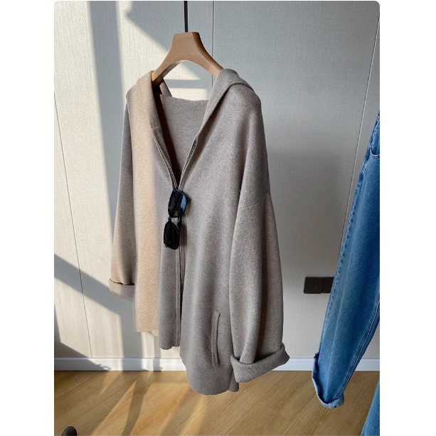 好穿！巨有质感！舒服!高端慵懒风毛衣拉链连帽针织开衫外套女2025