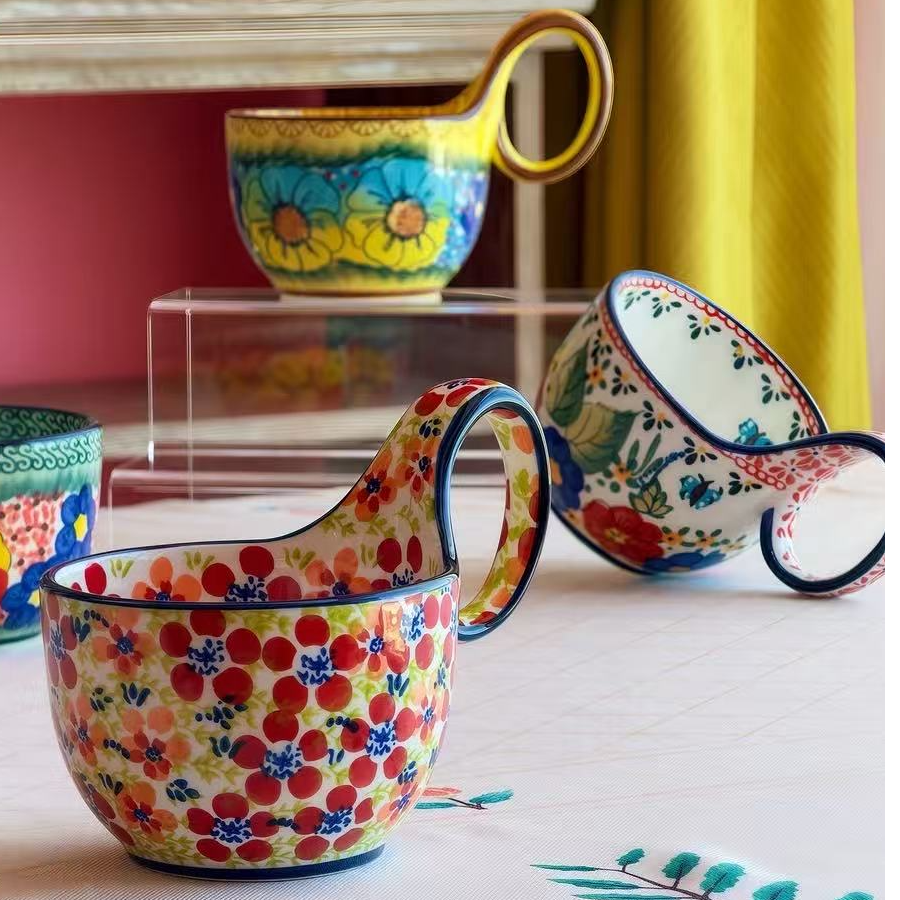 波兰瓷手绘曲把早餐杯陶瓷水杯釉下彩咖啡杯三件套