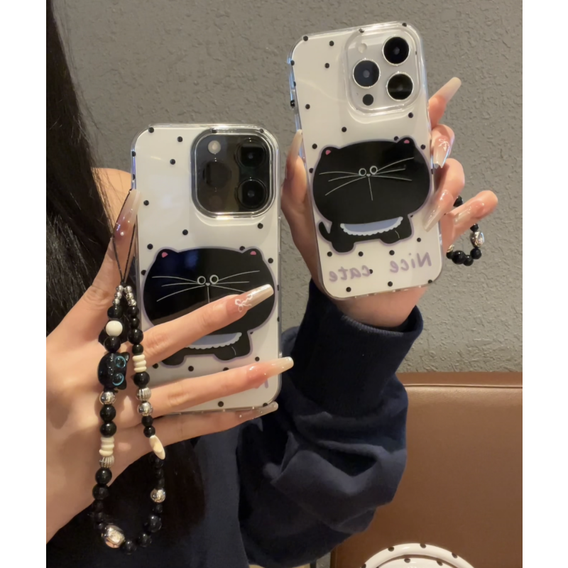 奥菲顿大脸波点黑猫适用iPhone16大孔手机壳华为vivo小米15oppo套