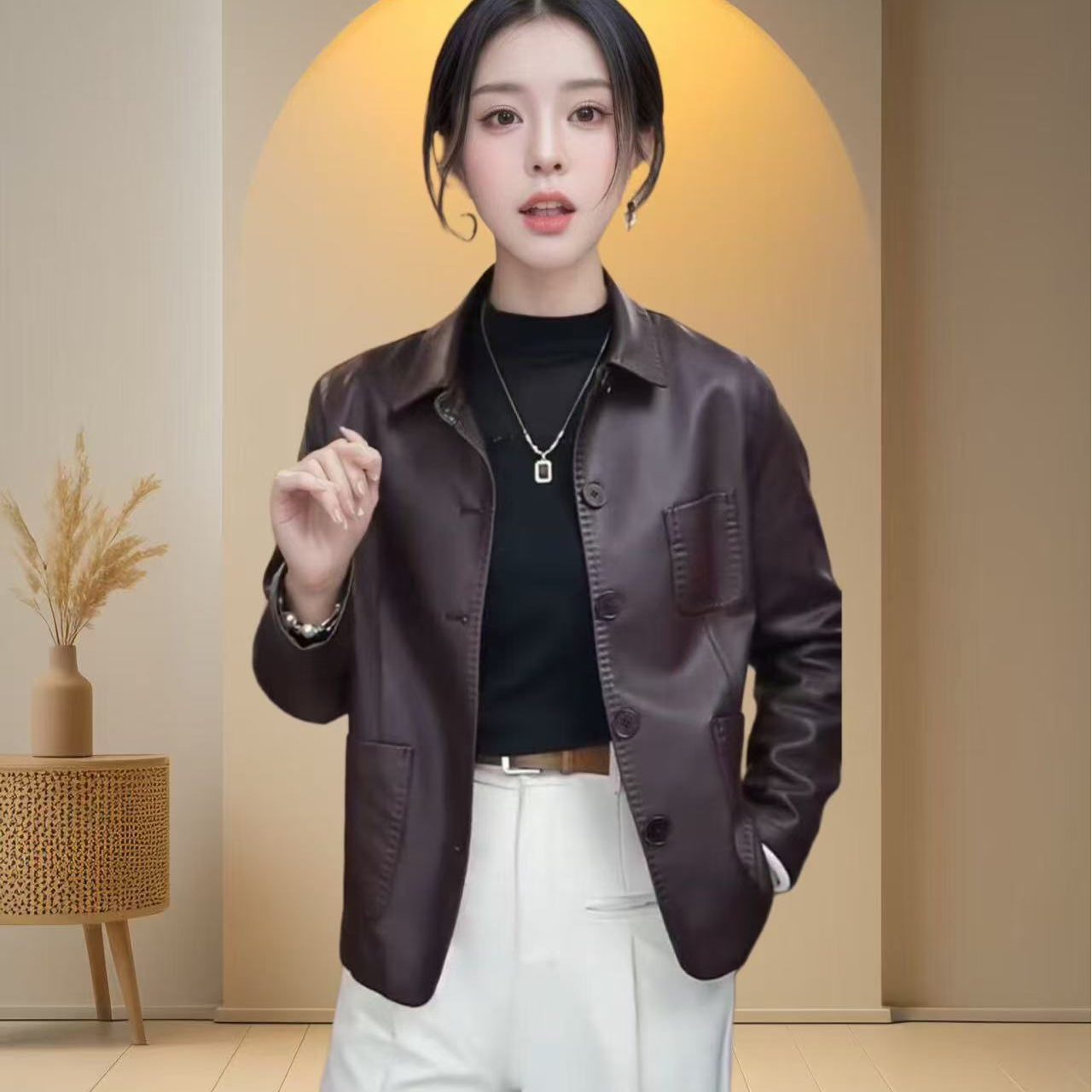 【单里衬】海宁正品2025春秋新款时尚休闲翻领气质皮衣外套女JH088