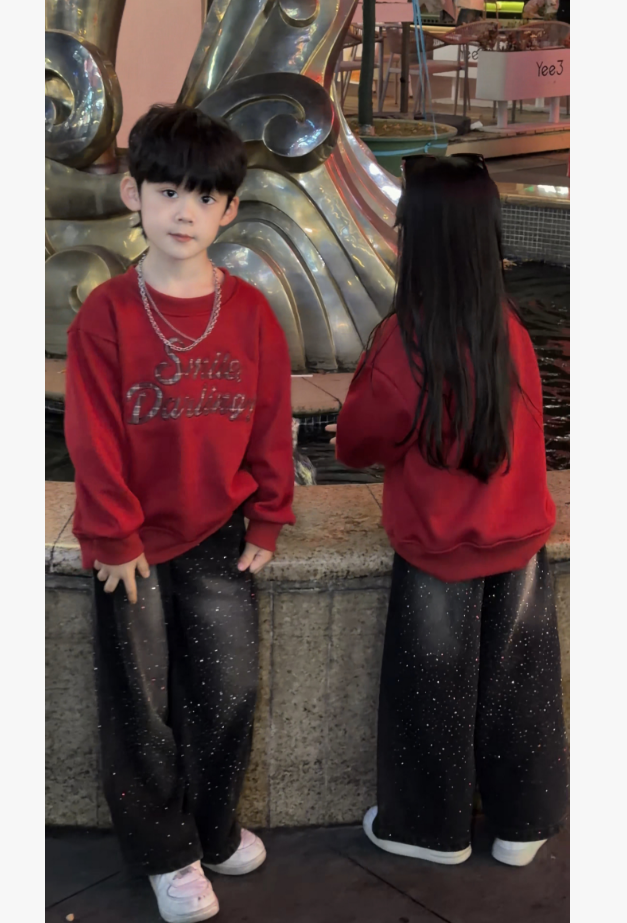 童装新款设计师加绒高定贴补绣卫衣黑色亮钻加绒牛仔裤子两件套潮