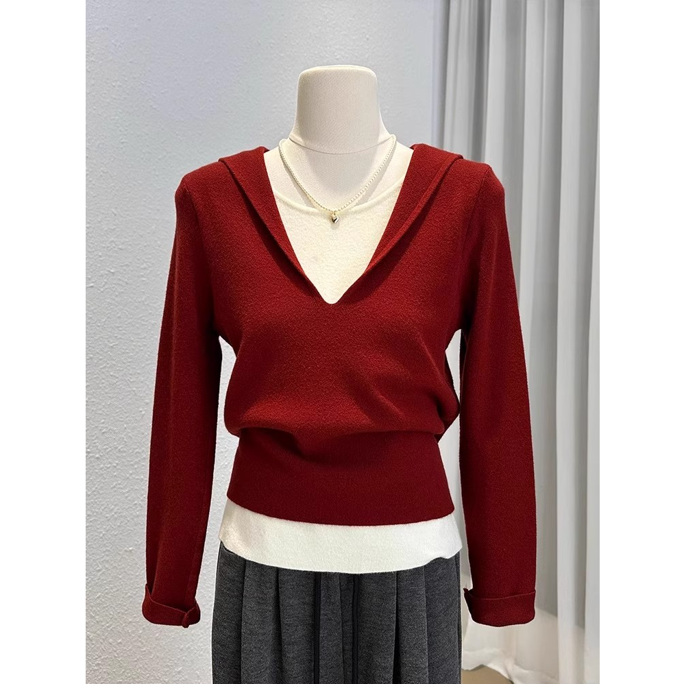 设计感打底长袖针织衫女秋冬时尚百搭显瘦小衫别致连帽假两件上衣