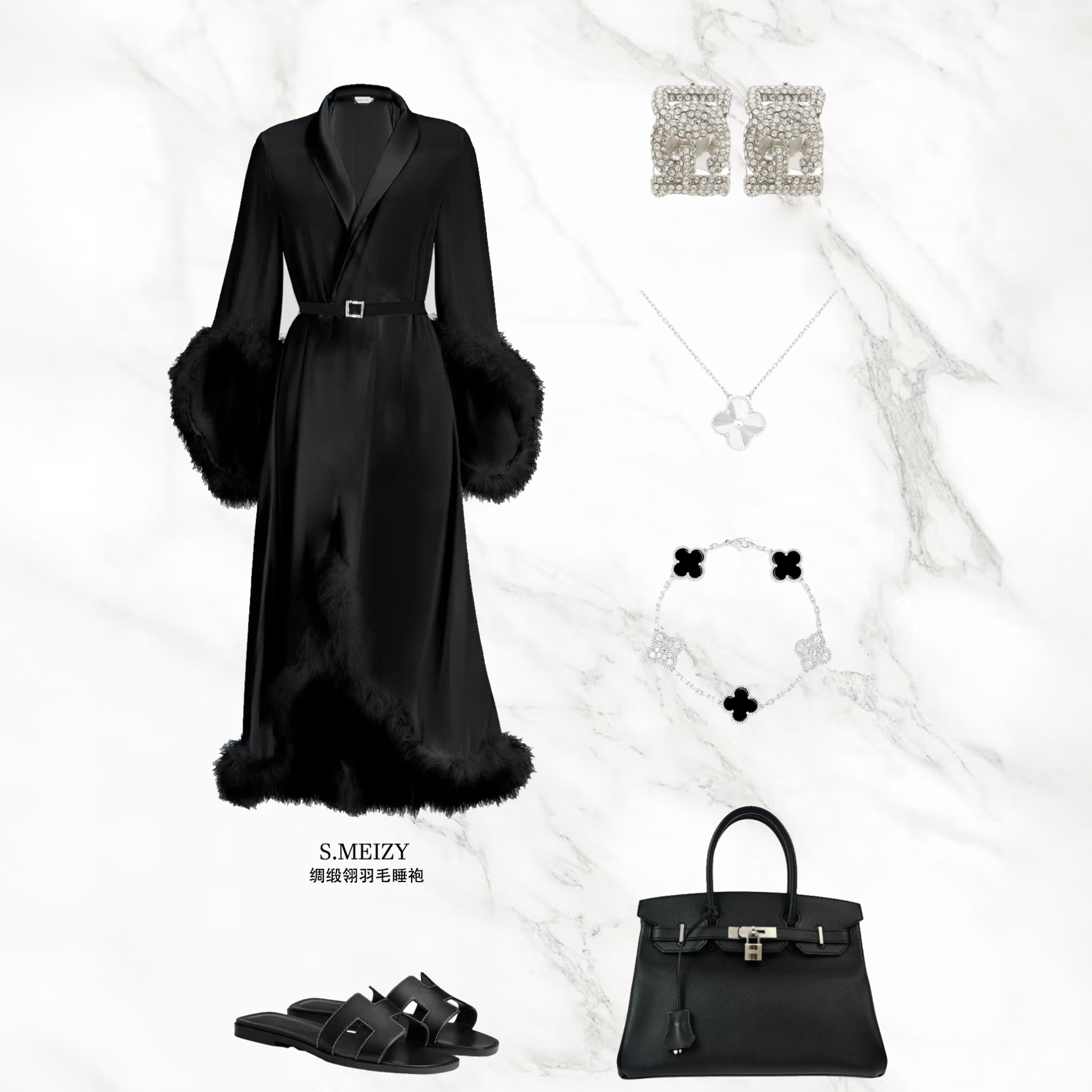 SMeizy【贵妇睡衣】Laperla送腰带法式可拆卸鸵鸟毛缎面醋酸睡衣女