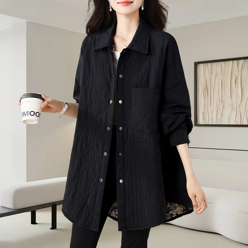 中长款黑色翻领衬衫外套女2025秋冬新款宽松显瘦休闲菱格夹克上衣