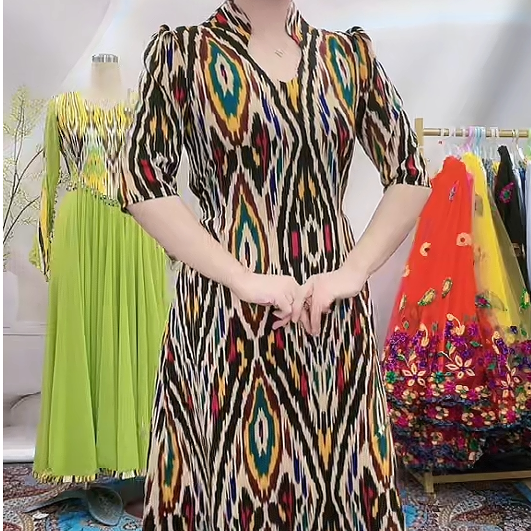 【紫霞仙子】新款民族风立领艾德莱斯花型A字版连衣裙