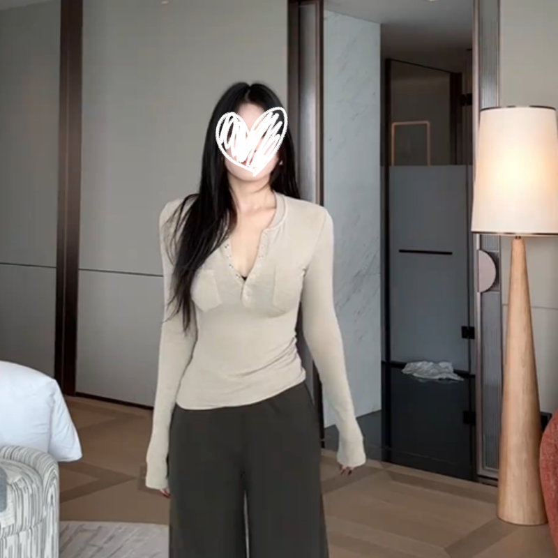 2025年秋季新款韩版温柔亨利领百搭修身显瘦打底衫长袖T恤女上衣
