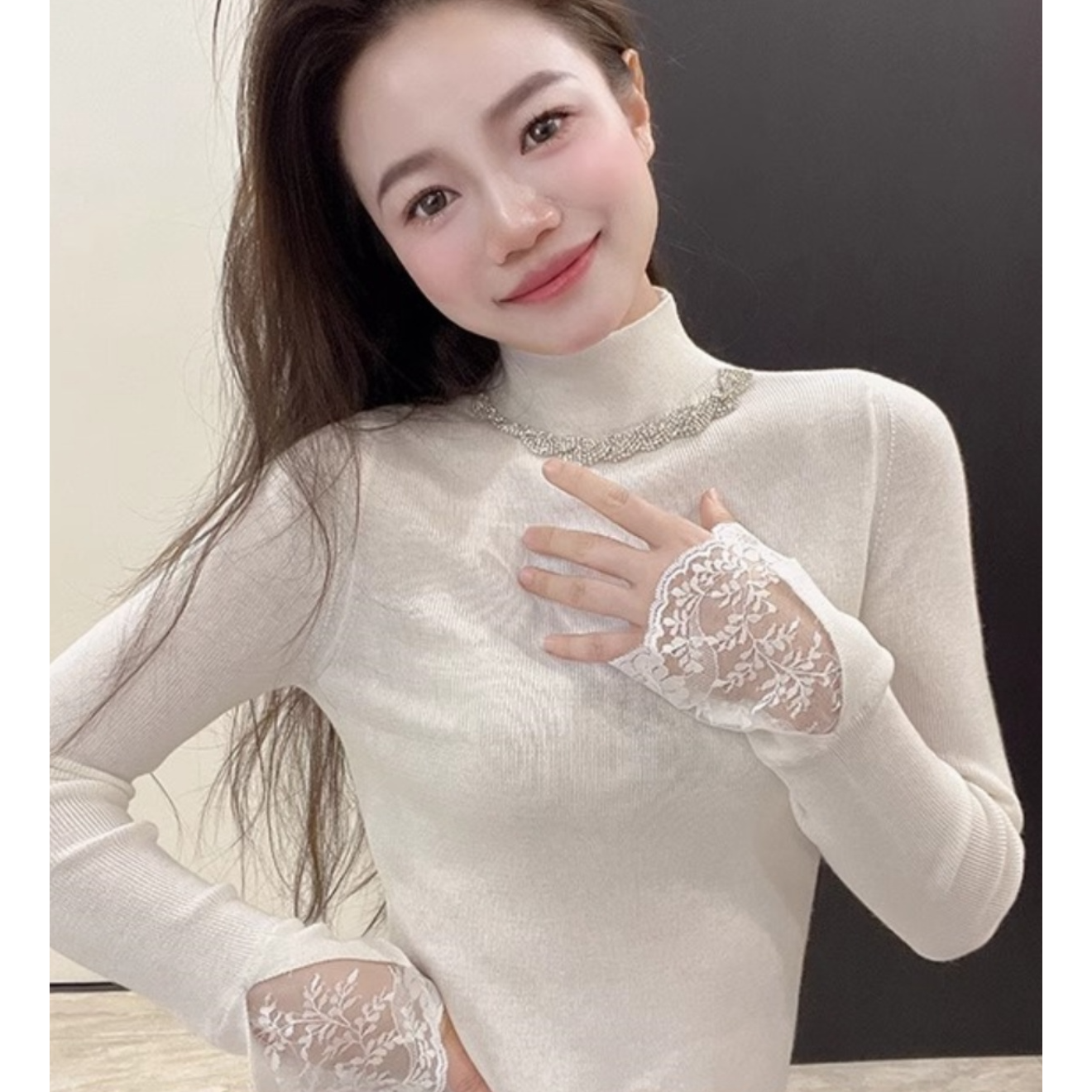 蕾丝喇叭袖高领修身显瘦打底内搭针织衫针织打底衫女上衣H2-53