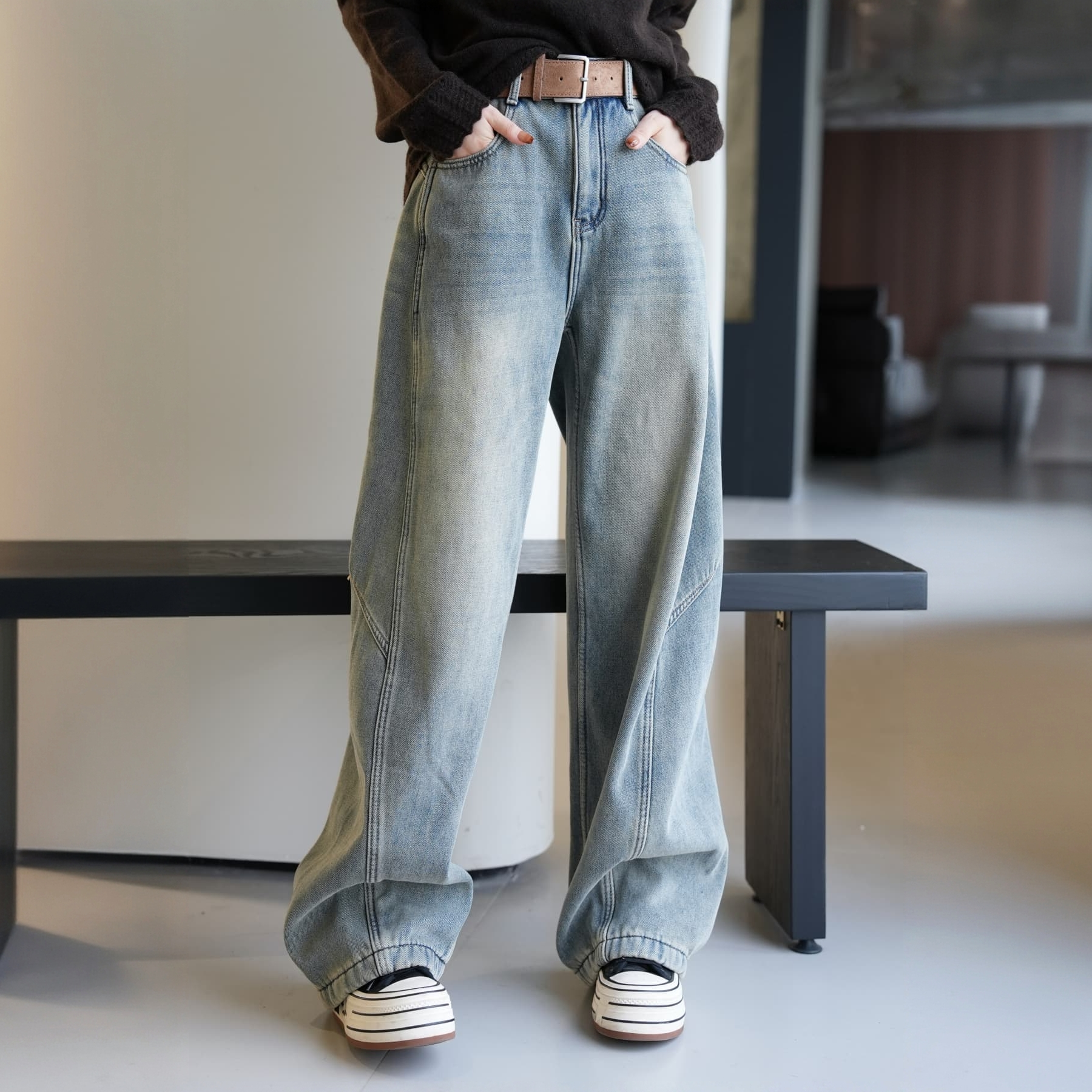 POPULARYW【橘珀】复古休闲百搭高腰加绒配腰带阔腿牛仔裤